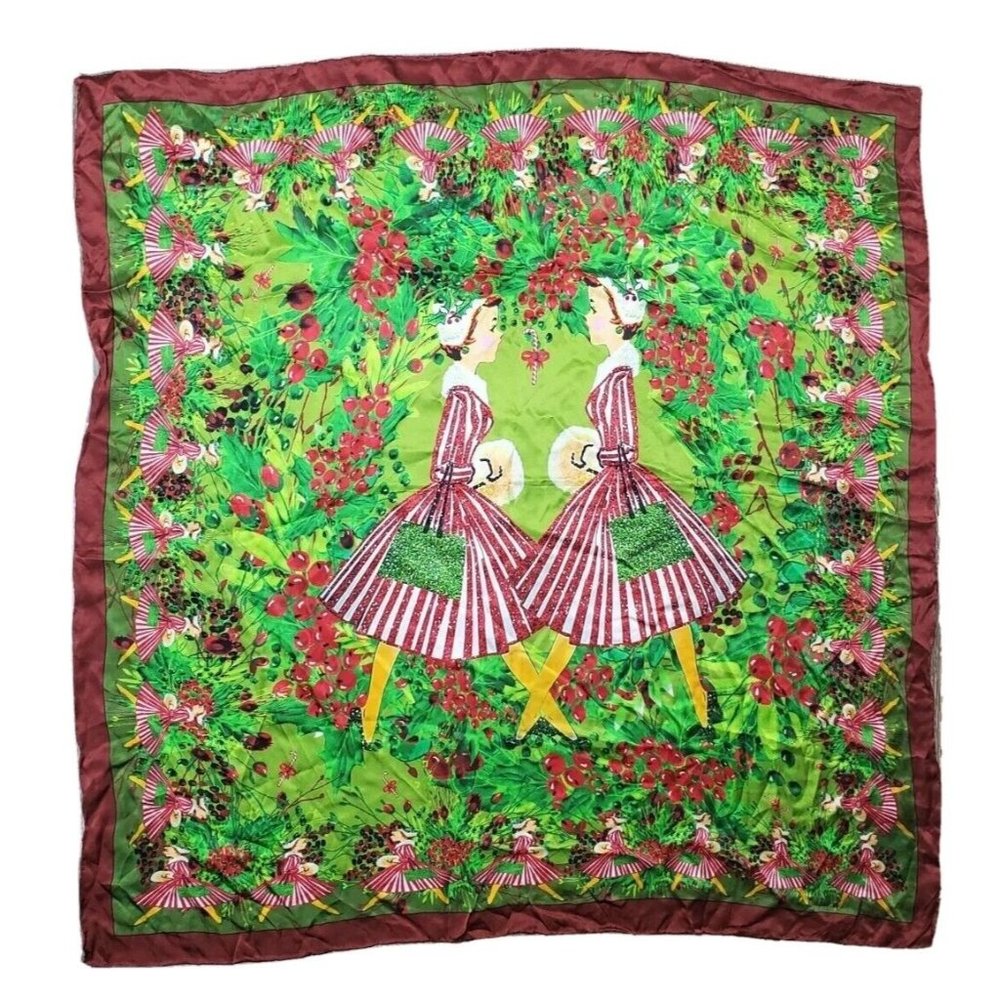 Christmas Girls Holly Large Square 100% Silk Women's Neck Scarf Hand Rolled Hem